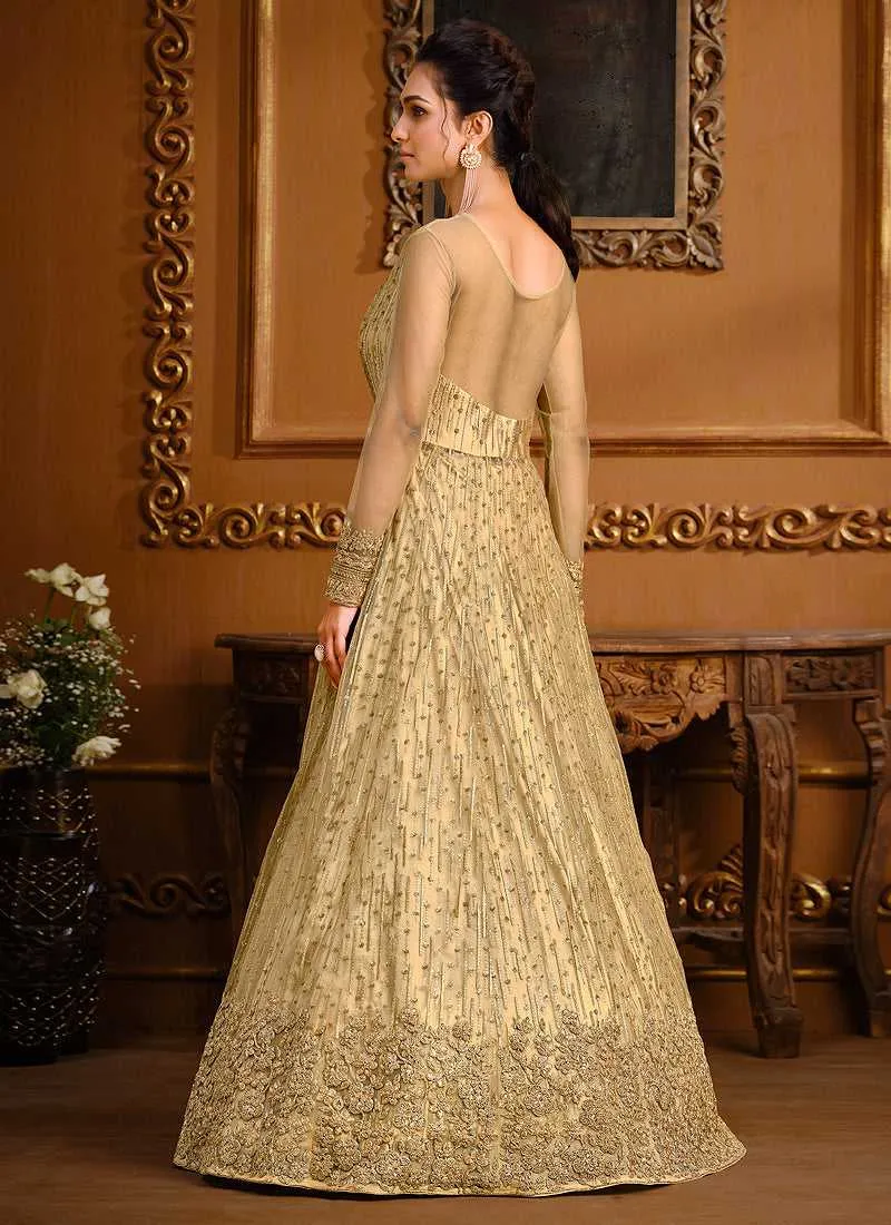 Cream Heavy Embroidered High Slit Style Designer Suit