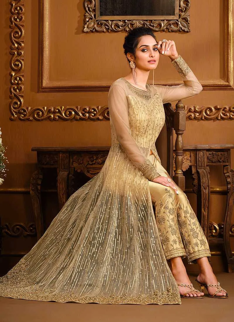 Cream Heavy Embroidered High Slit Style Designer Suit
