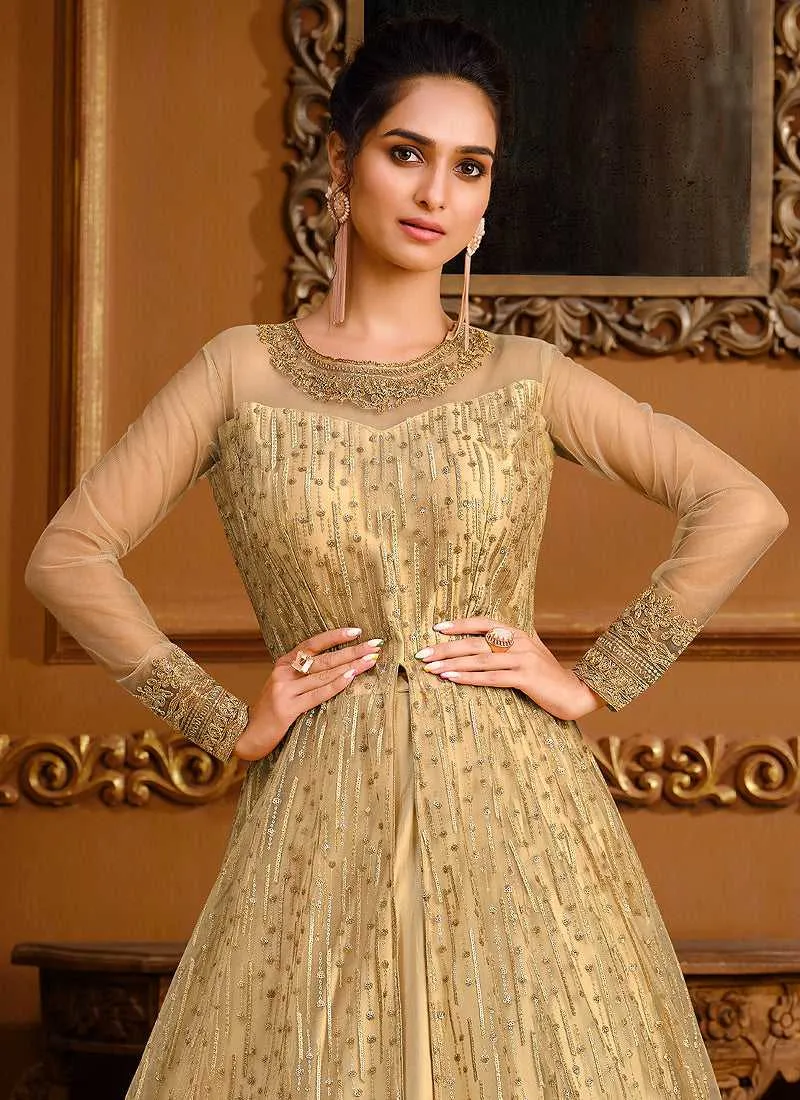 Cream Heavy Embroidered High Slit Style Designer Suit