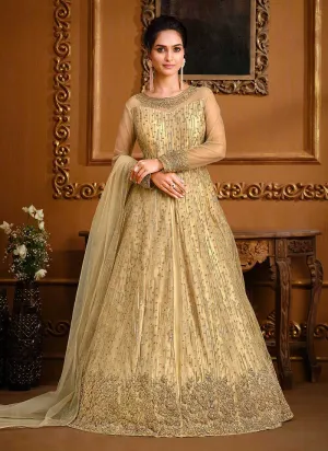 Cream Heavy Embroidered High Slit Style Designer Suit