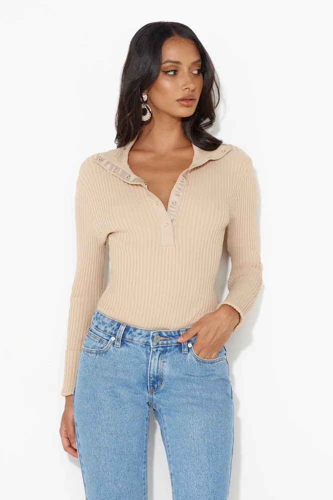Crisp Days Long Sleeve Ribbed Bodysuit Tan