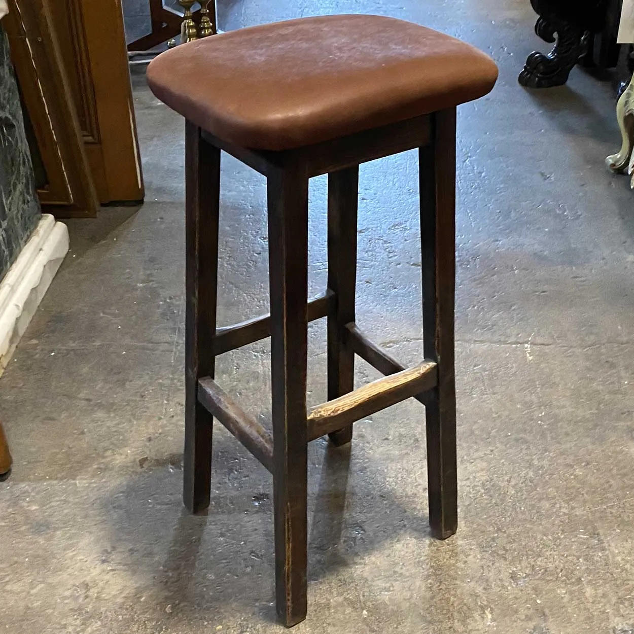 Custom Made Arts and Crafts Style Oak and Leather Upholstered Bar Stool
