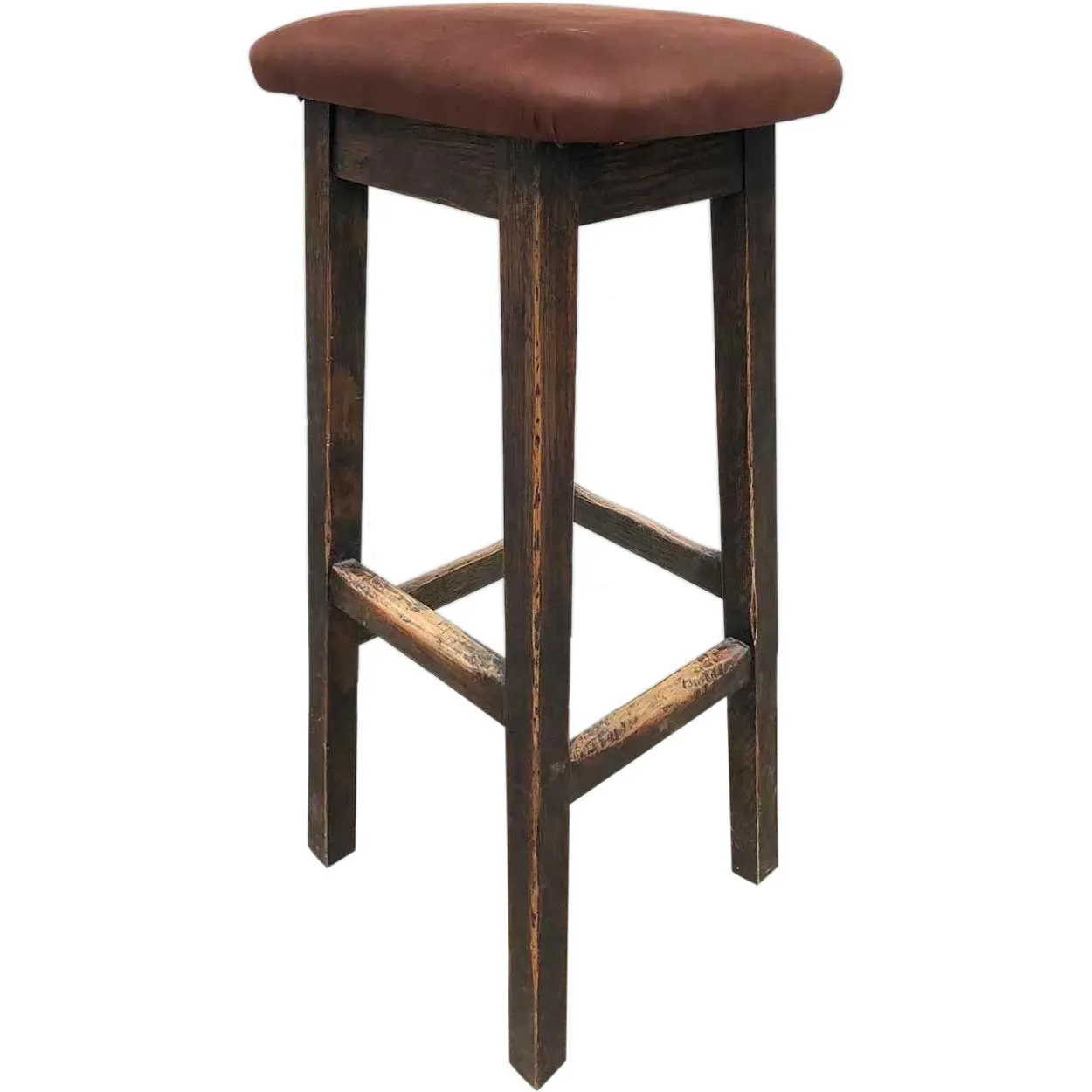 Custom Made Arts and Crafts Style Oak and Leather Upholstered Bar Stool