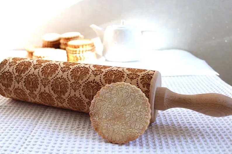 Damask Flowers Embossing Rolling Pin, Clay Stamp, Christmas Gift