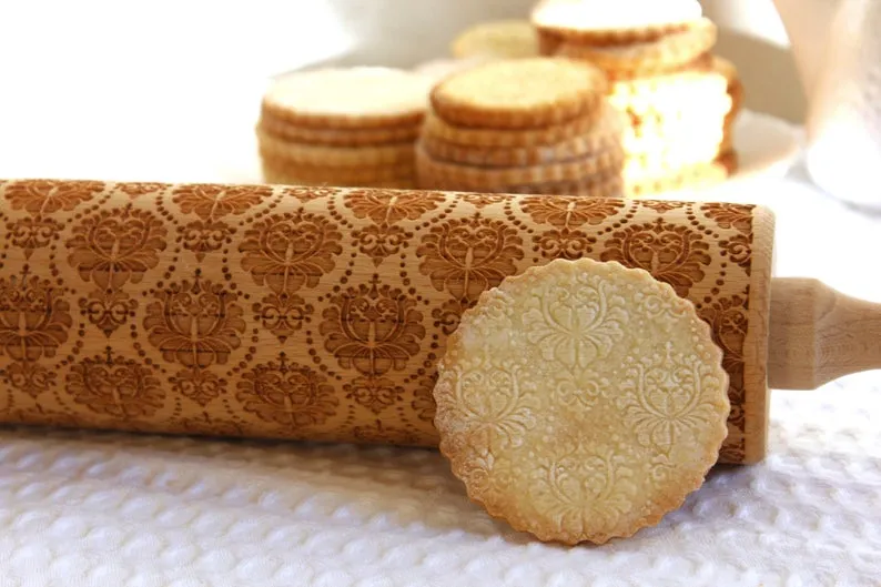 Damask Flowers Embossing Rolling Pin, Clay Stamp, Christmas Gift