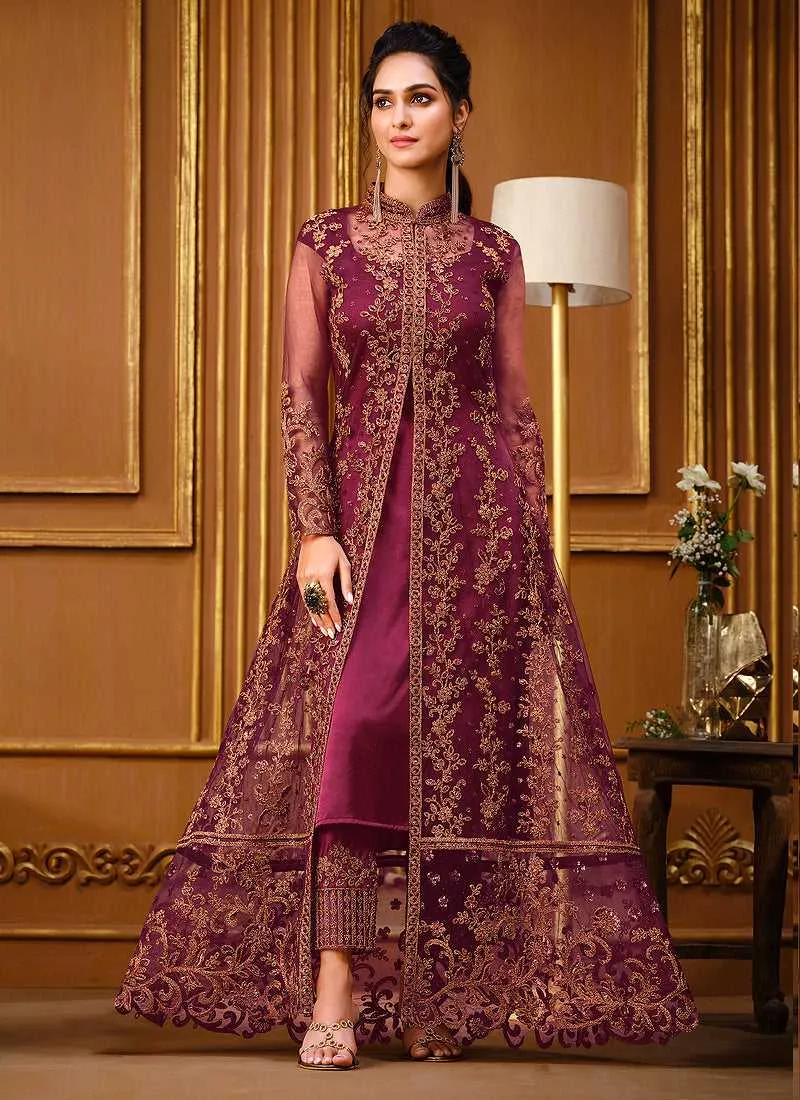 Dark Pink Heavy Embroidered High Slit Style Designer Suit