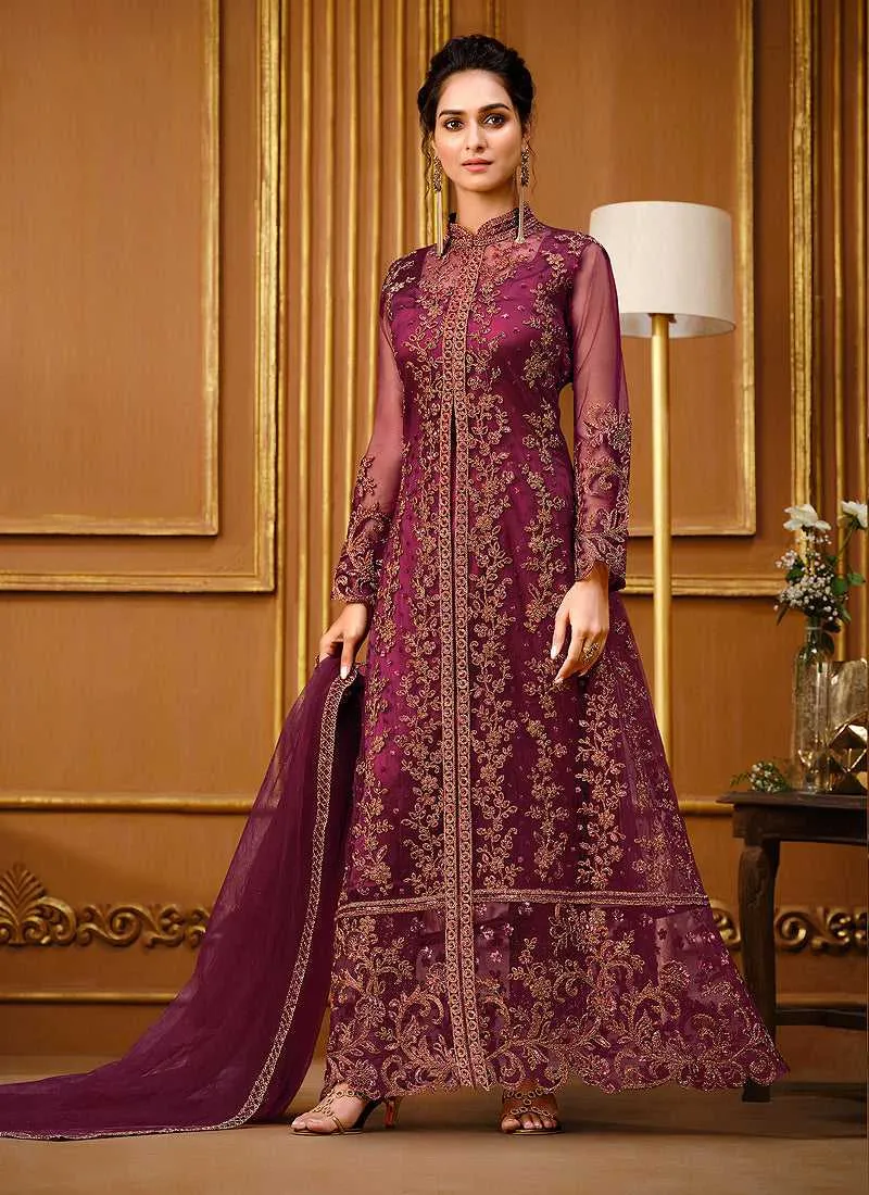 Dark Pink Heavy Embroidered High Slit Style Designer Suit