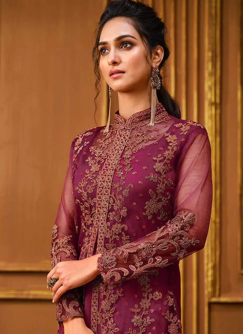 Dark Pink Heavy Embroidered High Slit Style Designer Suit