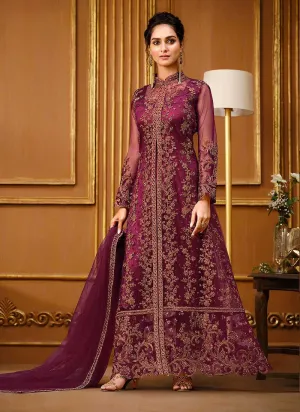 Dark Pink Heavy Embroidered High Slit Style Designer Suit