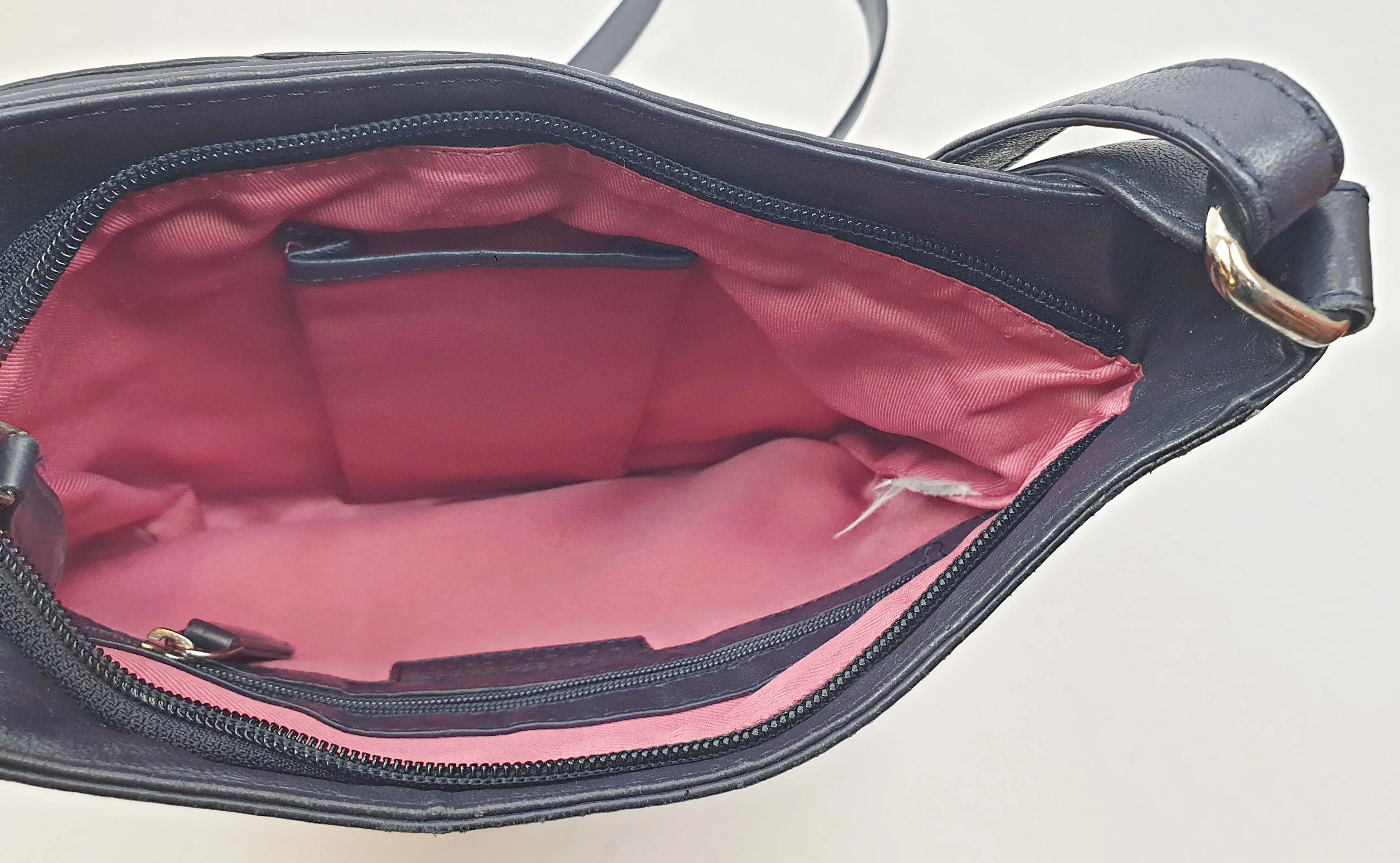 Debenhams vintage deep navy bag with colourful front detail