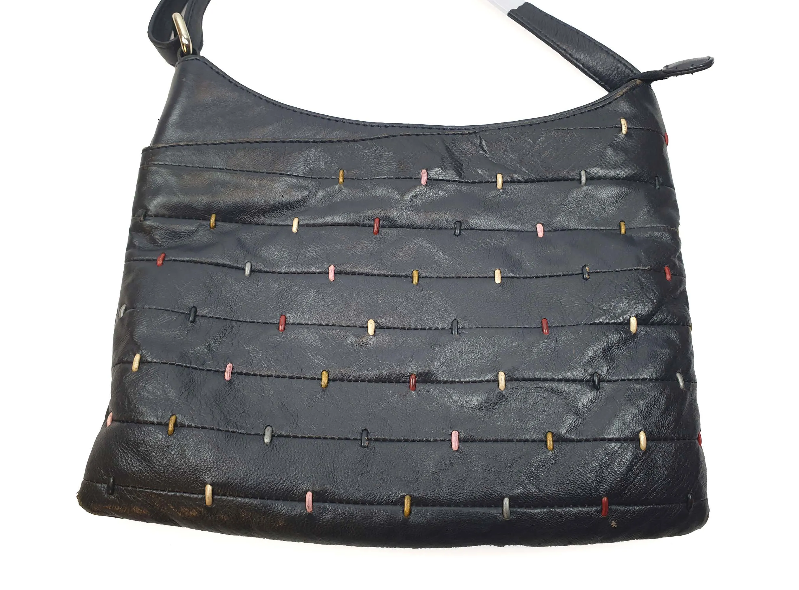 Debenhams vintage deep navy bag with colourful front detail