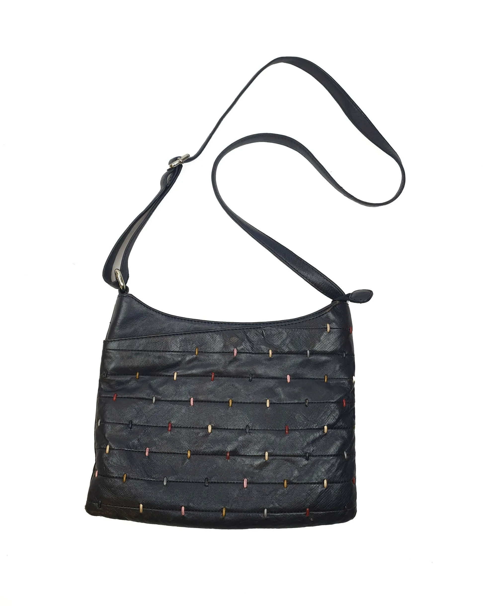 Debenhams vintage deep navy bag with colourful front detail
