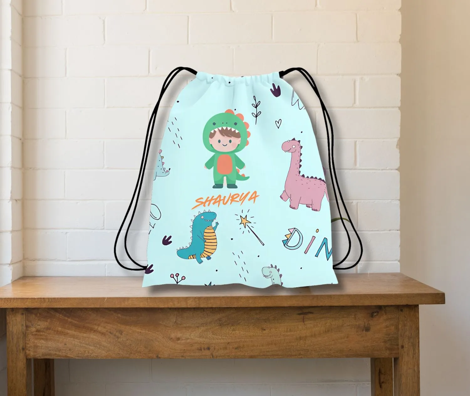 Dino Theme All Over Printed Personalized Drawstring Bag