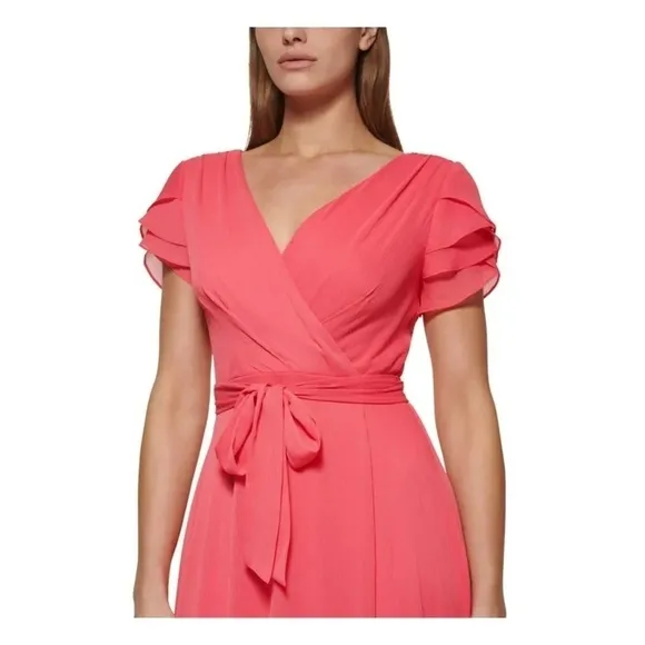 DKNY Tie Belt Ruffled Flutter Sleeve Surplice Neckline Dress in Melon/Coral Sz 2