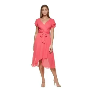 DKNY Tie Belt Ruffled Flutter Sleeve Surplice Neckline Dress in Melon/Coral Sz 2