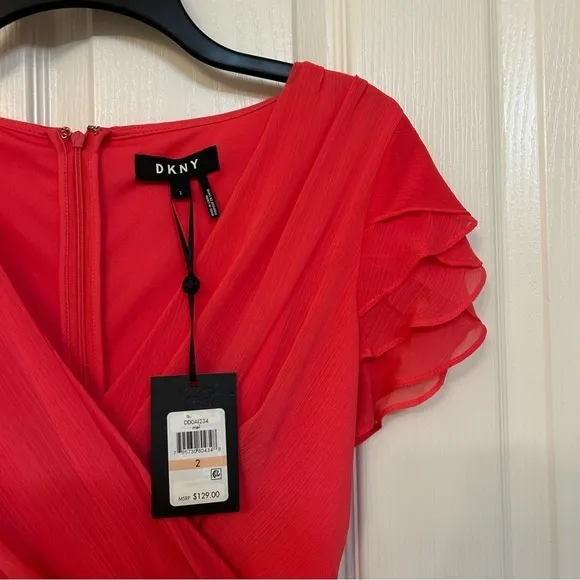 DKNY Tie Belt Ruffled Flutter Sleeve Surplice Neckline Dress in Melon/Coral Sz 2