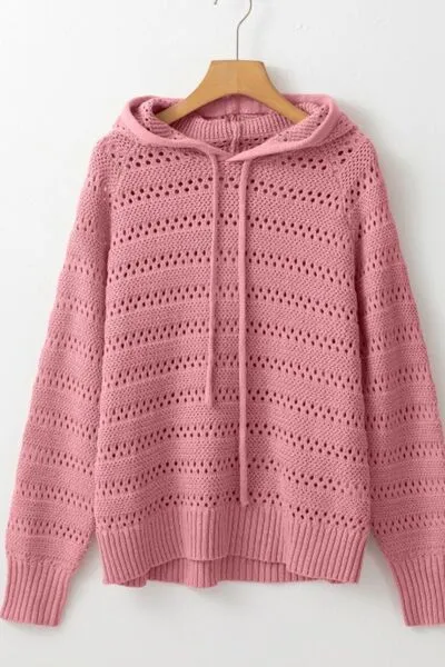Drawstring Openwork Long Sleeve Knit Hooded