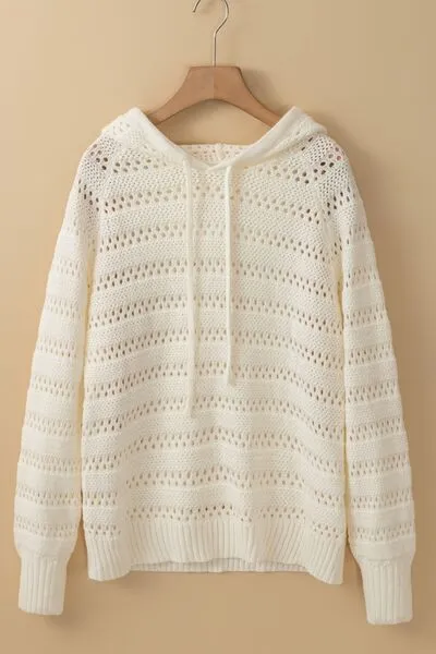 Drawstring Openwork Long Sleeve Knit Hooded