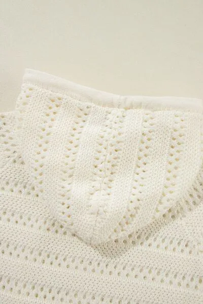 Drawstring Openwork Long Sleeve Knit Hooded