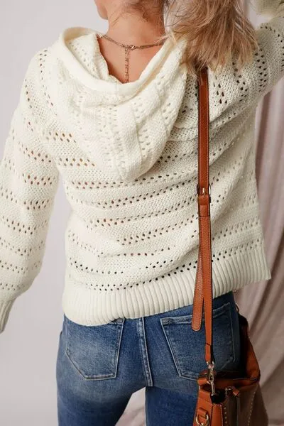 Drawstring Openwork Long Sleeve Knit Hooded