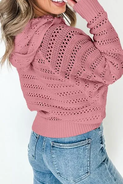 Drawstring Openwork Long Sleeve Knit Hooded