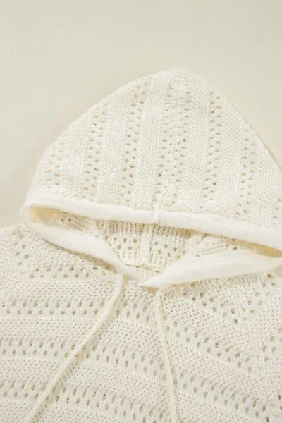 Drawstring Openwork Long Sleeve Knit Hooded