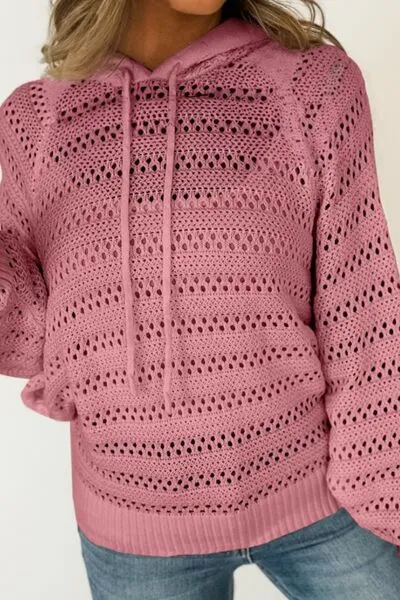 Drawstring Openwork Long Sleeve Knit Hooded