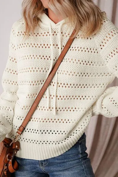 Drawstring Openwork Long Sleeve Knit Hooded