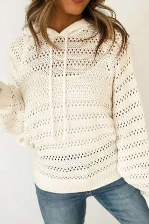Drawstring Openwork Long Sleeve Knit Hooded