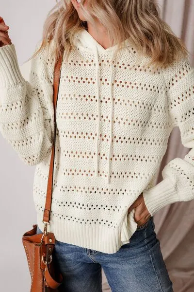 Drawstring Openwork Long Sleeve Knit Hooded