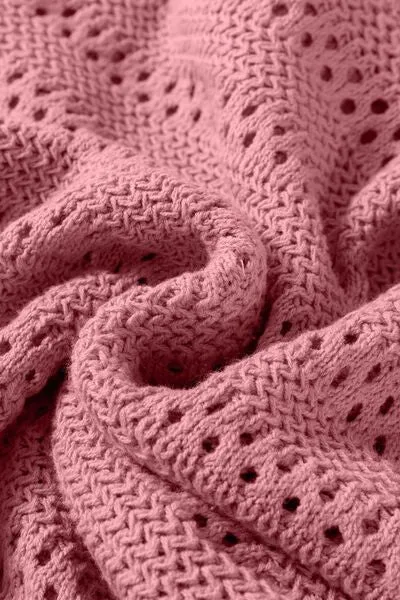 Drawstring Openwork Long Sleeve Knit Hooded
