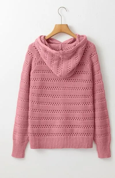 Drawstring Openwork Long Sleeve Knit Hooded
