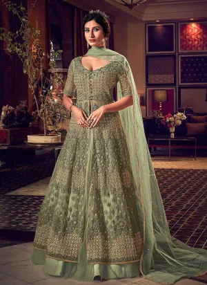 Dusty Green Heavy Embroidered Lehenga/ Pant Style Anarkali