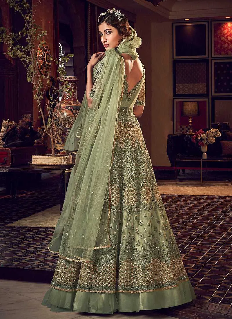 Dusty Green Heavy Embroidered Lehenga/ Pant Style Anarkali