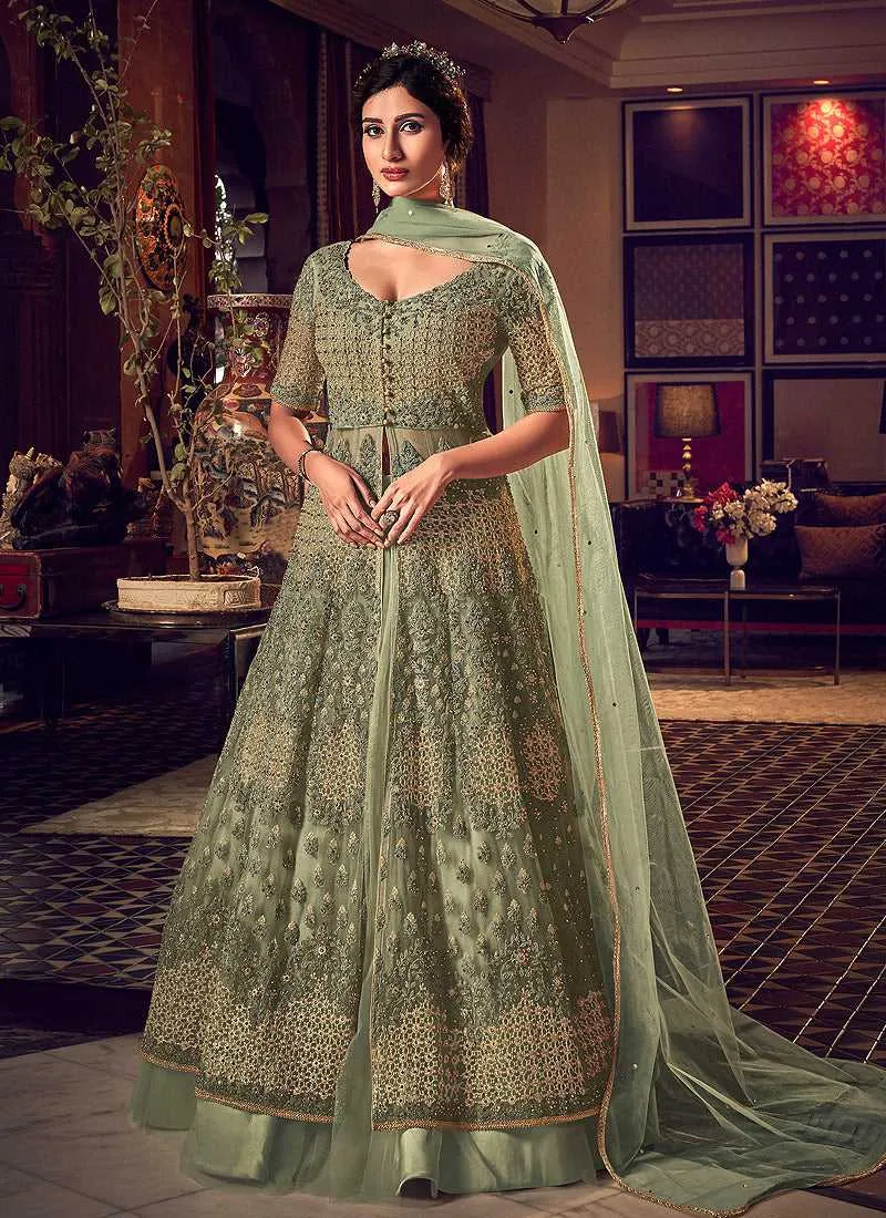 Dusty Green Heavy Embroidered Lehenga/ Pant Style Anarkali