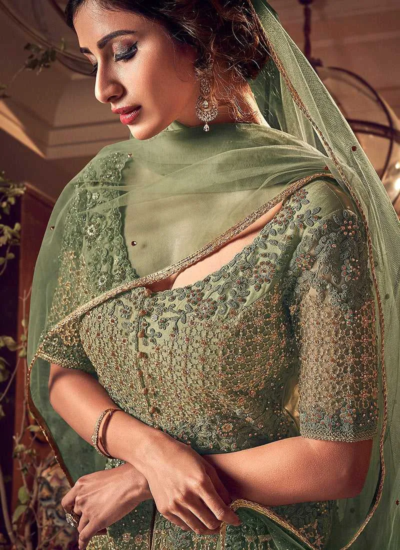 Dusty Green Heavy Embroidered Lehenga/ Pant Style Anarkali