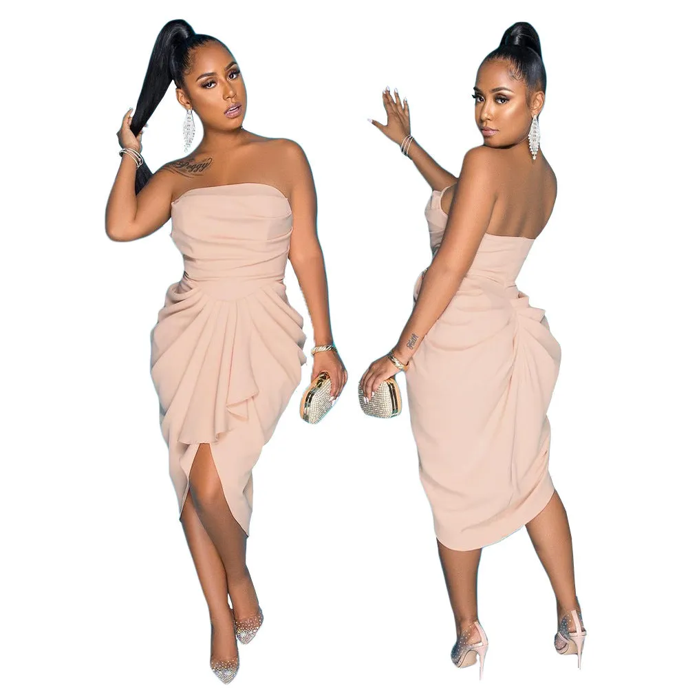 Elegant Strapless Draped Pleated Midi Dress with Sculpted Fit
