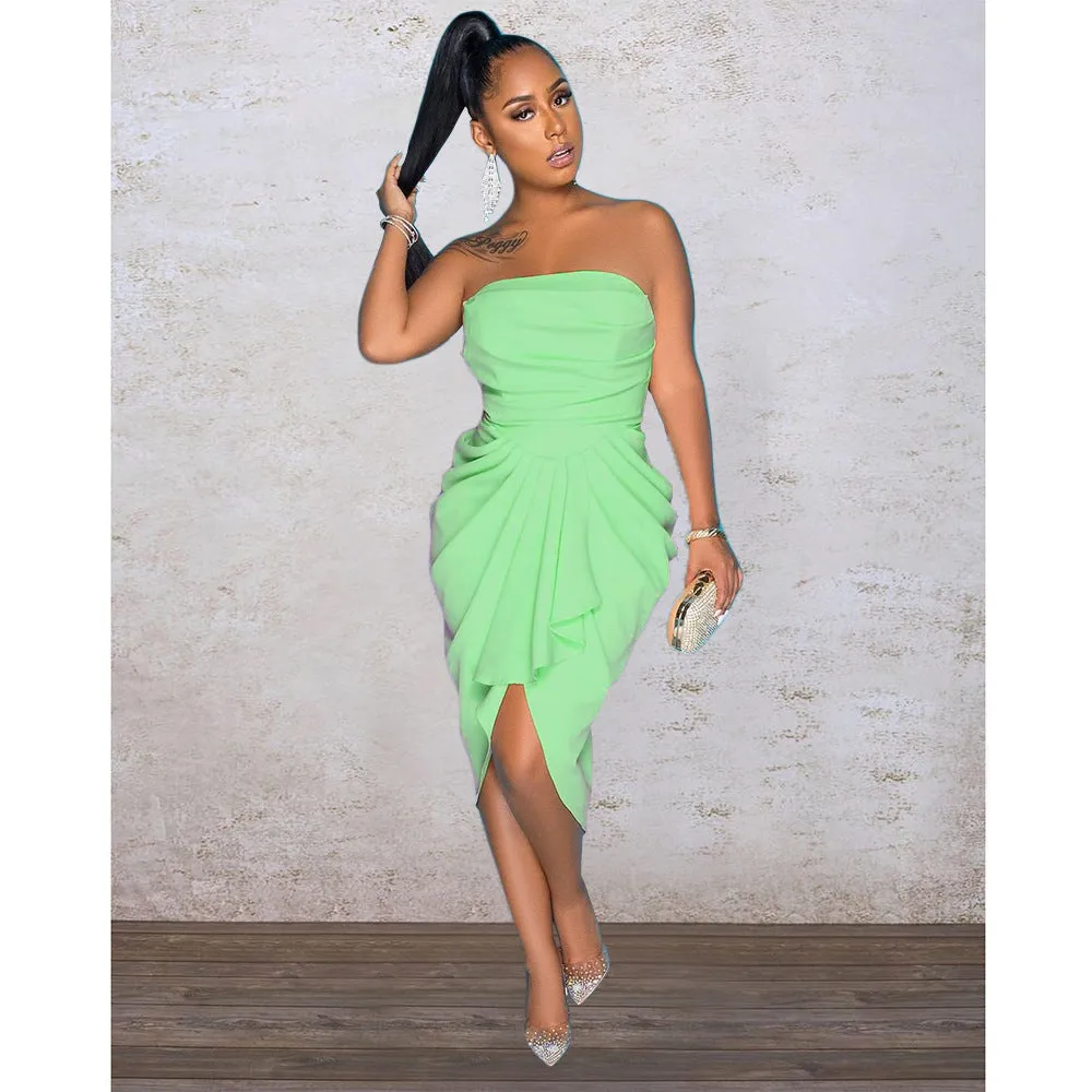 Elegant Strapless Draped Pleated Midi Dress with Sculpted Fit