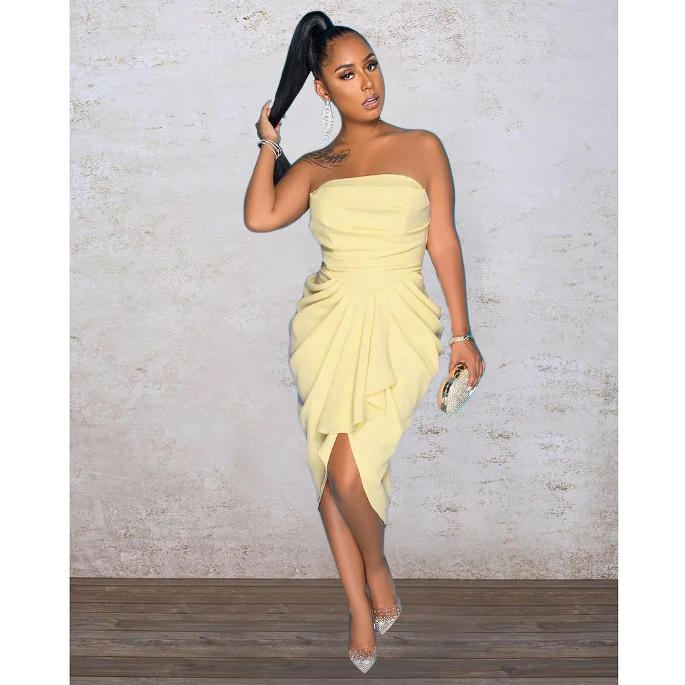 Elegant Strapless Draped Pleated Midi Dress with Sculpted Fit