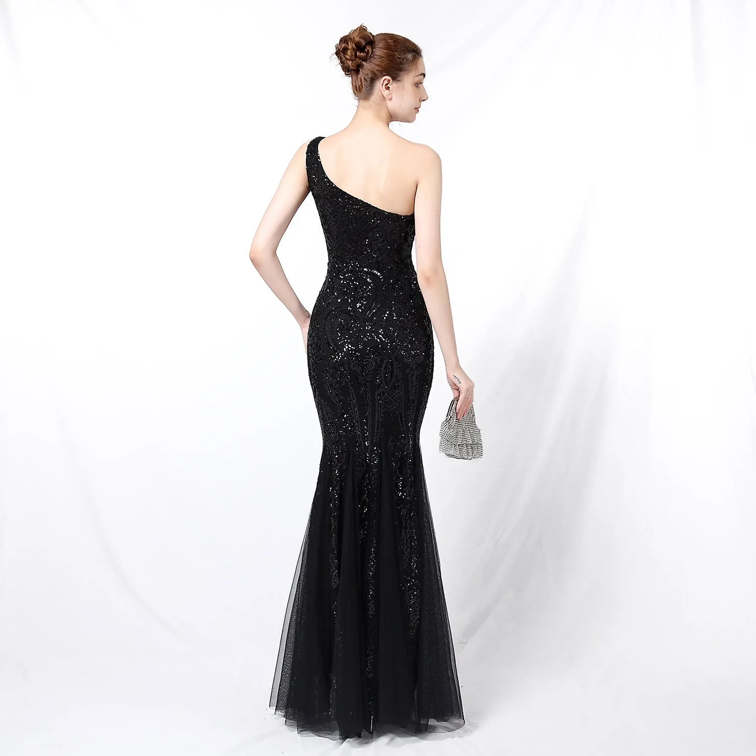 Emily formal one-shoulder Charming sequined mesh fishtail dress