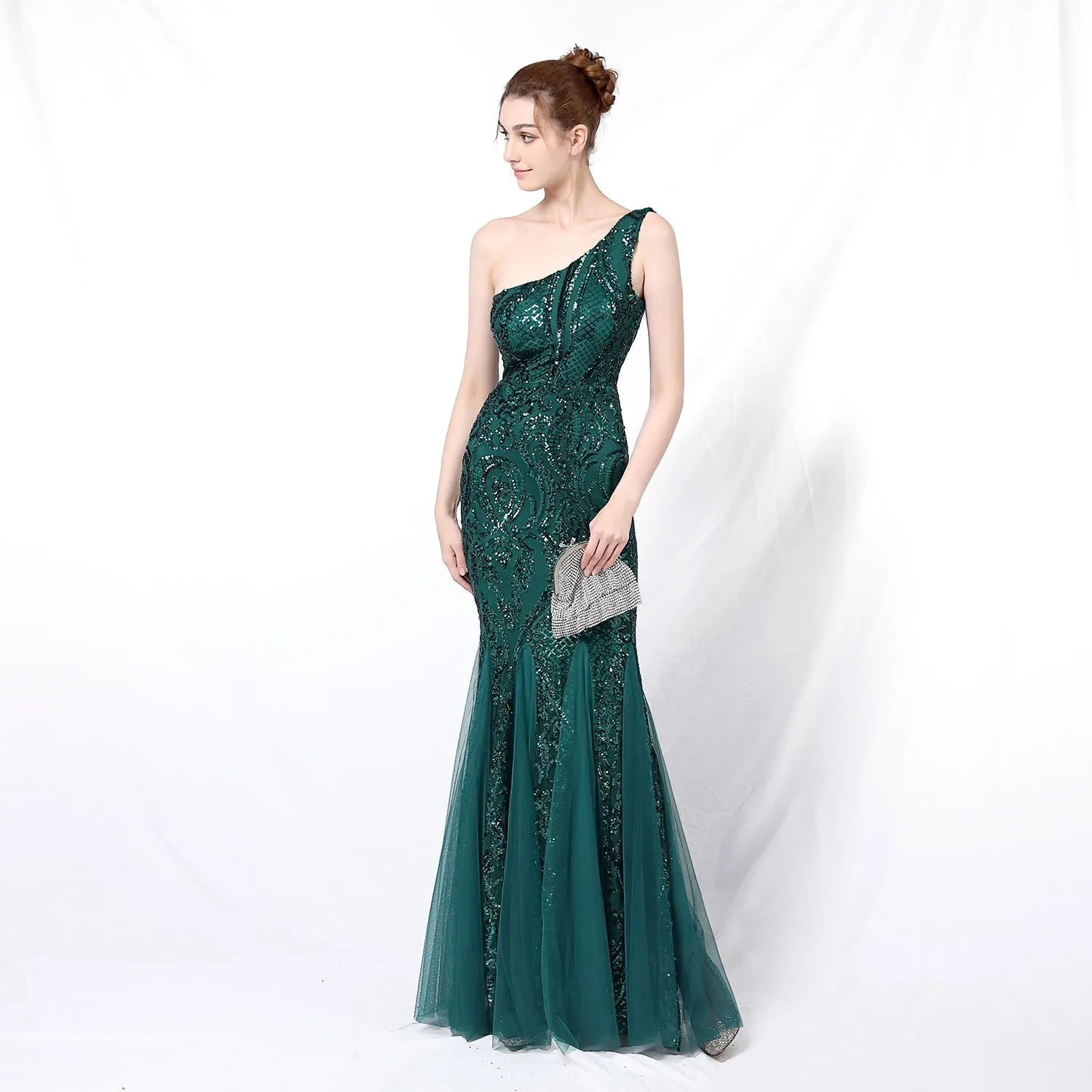 Emily formal one-shoulder Charming sequined mesh fishtail dress