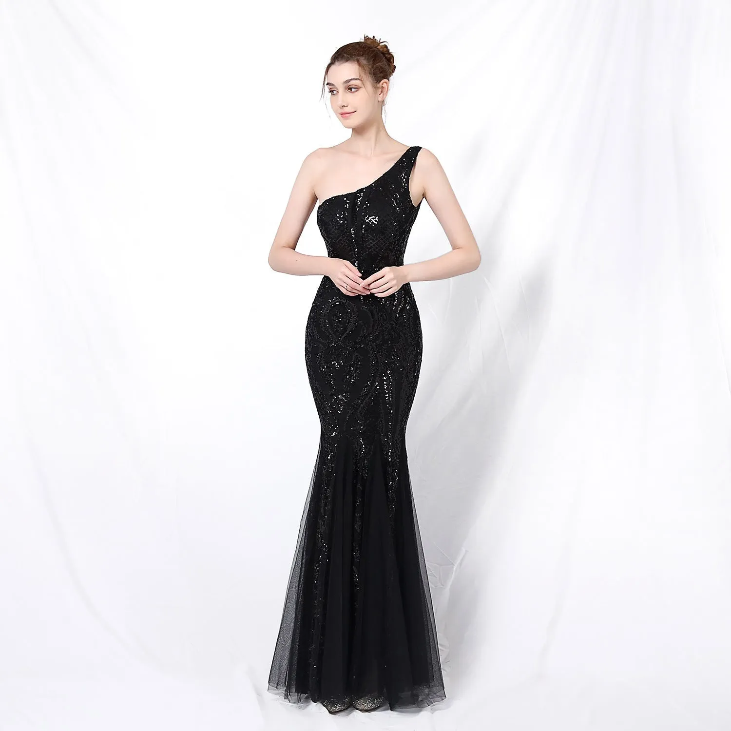 Emily formal one-shoulder Charming sequined mesh fishtail dress