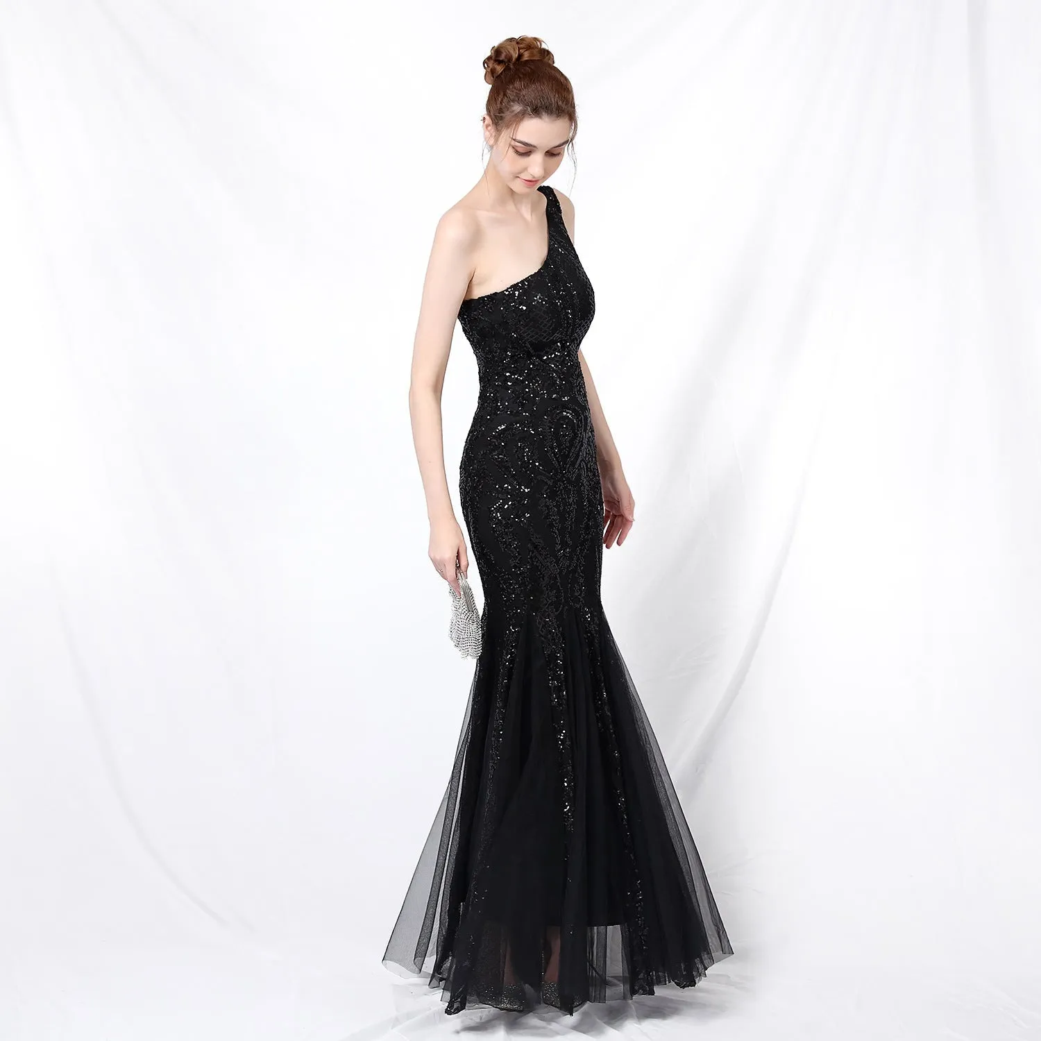 Emily formal one-shoulder Charming sequined mesh fishtail dress