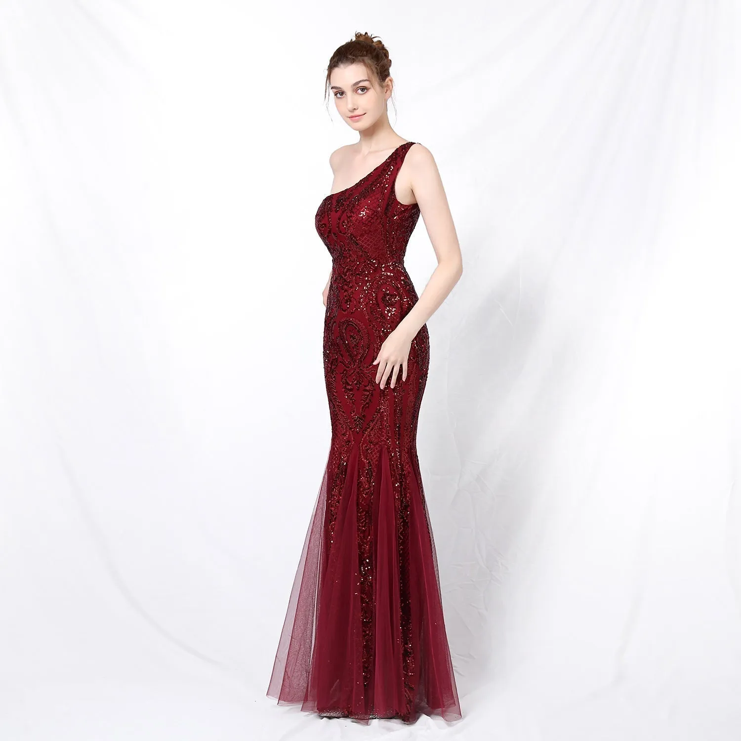 Emily formal one-shoulder Charming sequined mesh fishtail dress