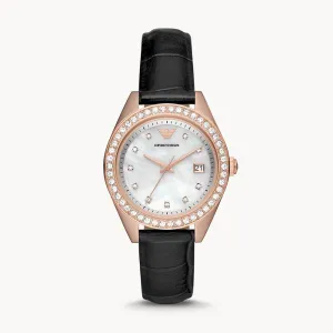 EMPORIO ARMANI THREE-HAND DATE BLACK LEATHER WATCH