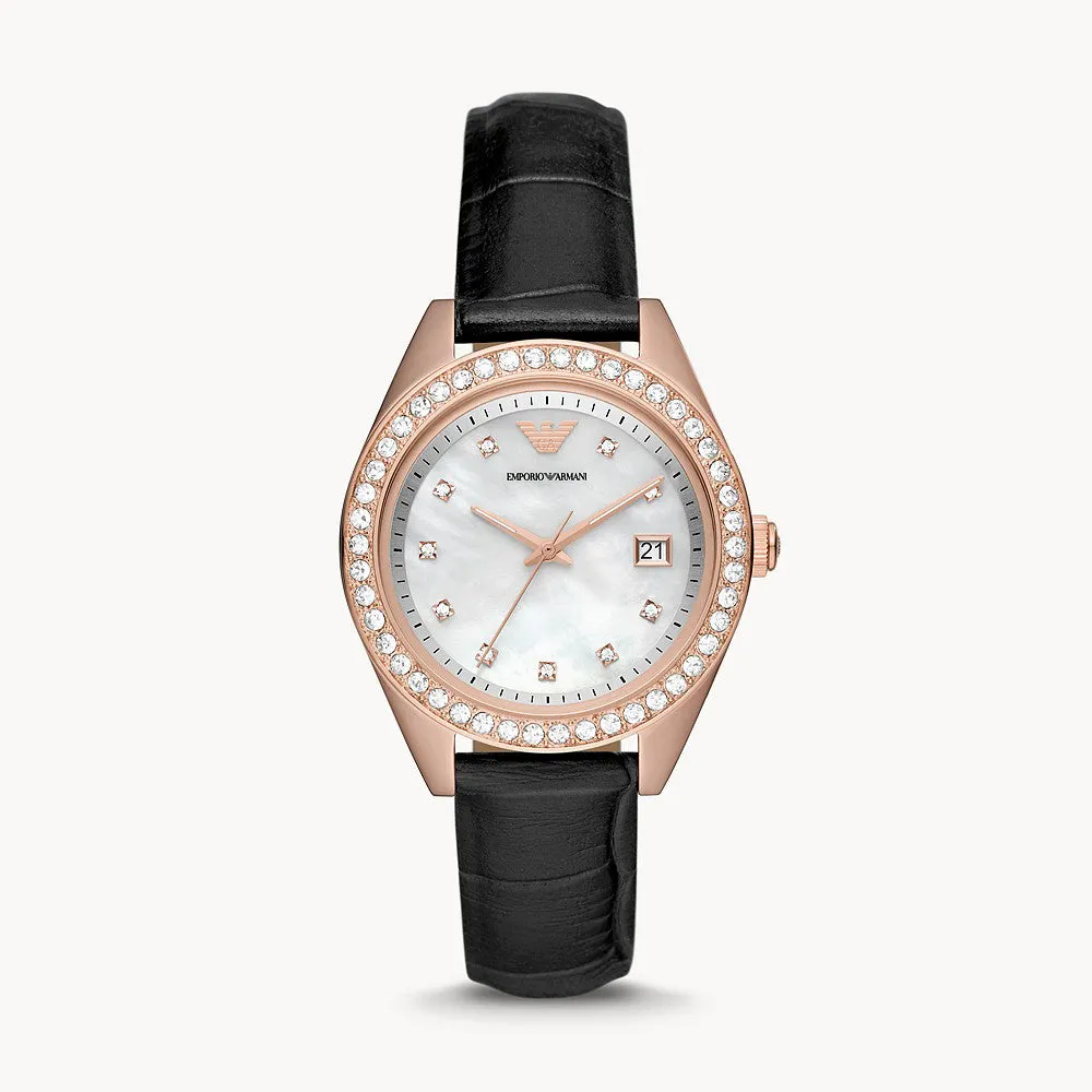 EMPORIO ARMANI THREE-HAND DATE BLACK LEATHER WATCH