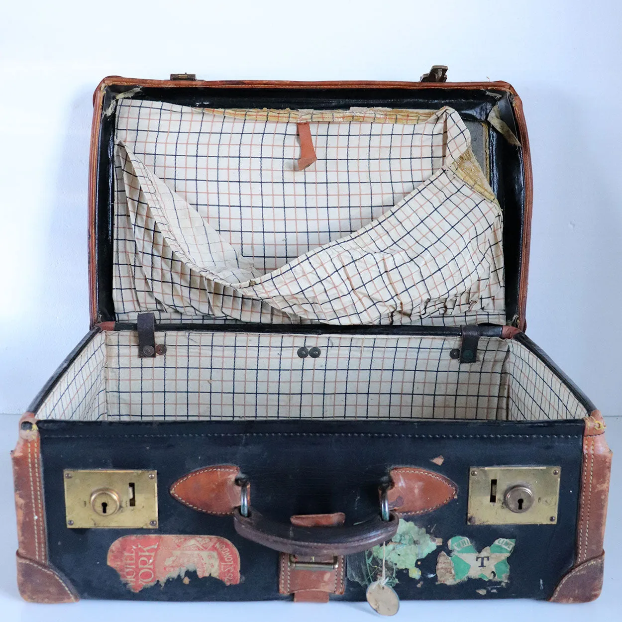English Victorian Two-Tone Leather Suitcase with Travel Stickers