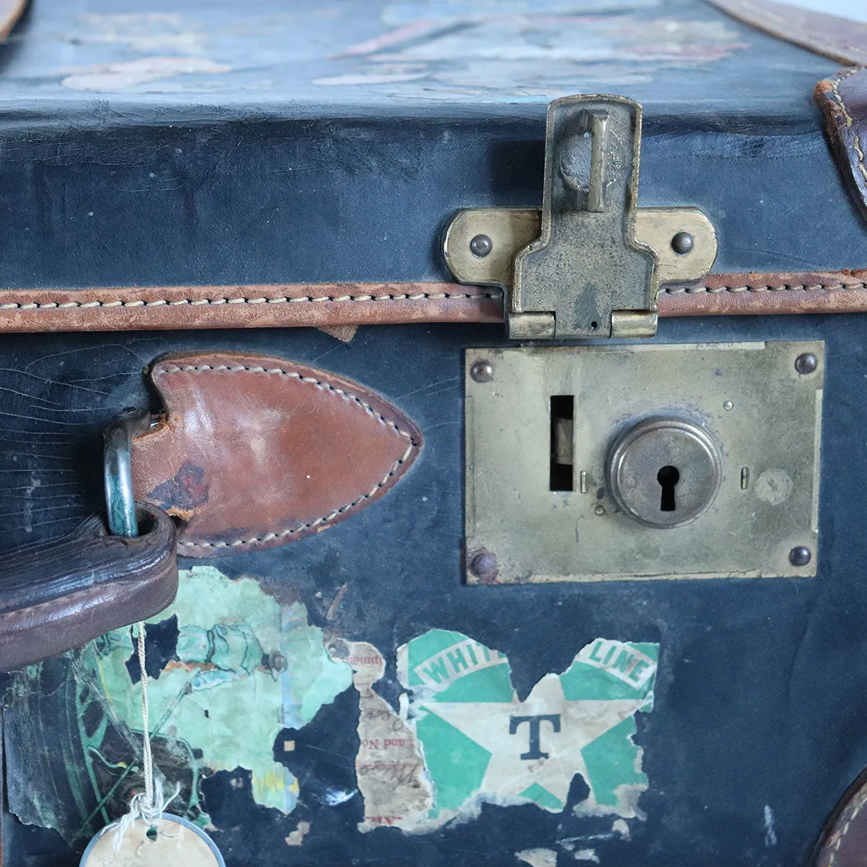English Victorian Two-Tone Leather Suitcase with Travel Stickers