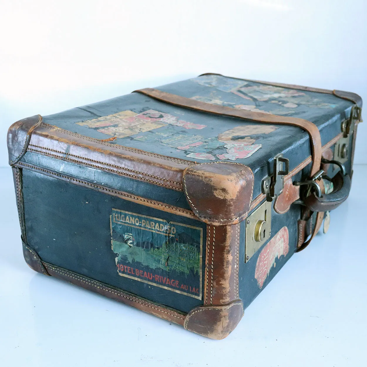 English Victorian Two-Tone Leather Suitcase with Travel Stickers