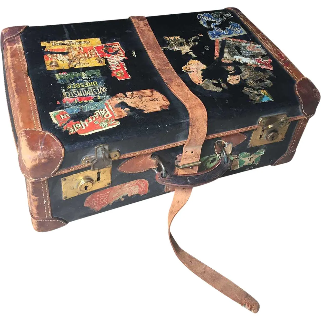 English Victorian Two-Tone Leather Suitcase with Travel Stickers